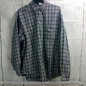 Eddie Bauer Blue Tan Plaid Button Down Shirt L